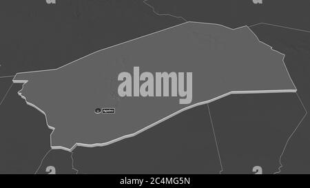 Zoom sur Agadez (département du Niger) extrudé. Perspective oblique. Carte d'altitude à deux niveaux avec les eaux de surface. Rendu 3D Banque D'Images