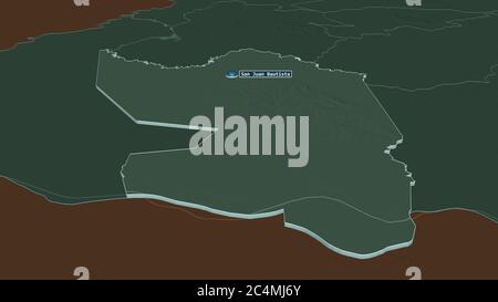 Zoom avant sur Misiones (département du Paraguay) extrudé. Perspective oblique. Carte colorée et bosselée de la division administrative avec les eaux de surface. Banque D'Images