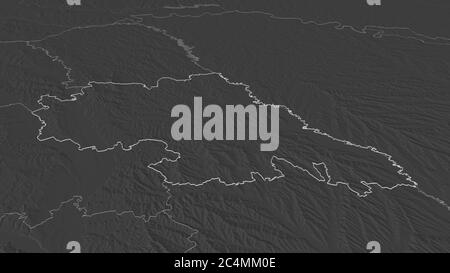 Zoom avant sur Iași (comté de Roumanie) décrit. Perspective oblique. Carte d'altitude à deux niveaux avec les eaux de surface. Rendu 3D Banque D'Images