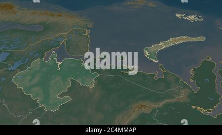 Effectuez un zoom avant sur Arkhangel'sk (région de Russie). Perspective oblique. Carte topographique des eaux de surface. Rendu 3D Banque D'Images