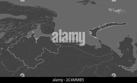 Effectuez un zoom avant sur Arkhangel'sk (région de Russie). Perspective oblique. Carte d'altitude à deux niveaux avec les eaux de surface. Rendu 3D Banque D'Images