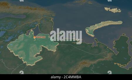 Zoom avant sur Arkhangel'sk (région de Russie) extrudé. Perspective oblique. Carte topographique des eaux de surface. Rendu 3D Banque D'Images