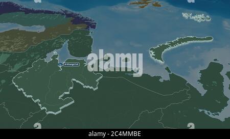 Zoom avant sur Arkhangel'sk (région de Russie) extrudé. Perspective oblique. Carte colorée et bosselée de la division administrative avec les eaux de surface. 3 Banque D'Images