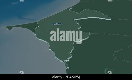 Effectuer un zoom avant sur Thiès (région du Sénégal) extrudé. Perspective oblique. Carte colorée et bosselée de la division administrative avec les eaux de surface. 3D rend Banque D'Images