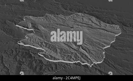 Zoom sur Pirotski (district de Serbie) extrudé. Perspective oblique. Carte d'altitude à deux niveaux avec les eaux de surface. Rendu 3D Banque D'Images