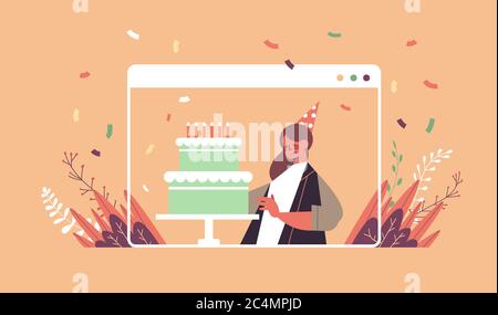 femme dans drôle chapeau festif célébrant en ligne anniversaire fête fille dans ordinateur fenêtre soufflé gâteau bougies célébration auto-isolation quarantaine concept portrait horizontal illustration vectorielle Illustration de Vecteur