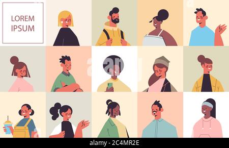 ensemble hommes femmes avatars avatars heureux personnes regardant dans l'appareil photo mâle femmes personnages de dessin animé portraits collection copier espace illustration vectorielle Illustration de Vecteur