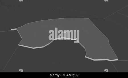 Zoom avant sur Bakool (région de Somalie) extrudé. Perspective oblique. Carte d'altitude à deux niveaux avec les eaux de surface. Rendu 3D Banque D'Images