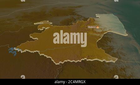 Zoom avant sur Mpumalanga (province d'Afrique du Sud) extrudé. Perspective oblique. Carte topographique des eaux de surface. Rendu 3D Banque D'Images