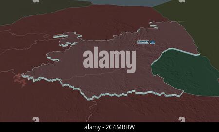 Zoom avant sur Mpumalanga (province d'Afrique du Sud) extrudé. Perspective oblique. Carte colorée et bosselée de la division administrative avec surface wat Banque D'Images