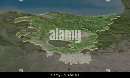 Zoom sur País Vasco (communauté autonome d'Espagne) extrudé. Perspective oblique. Imagerie satellite. Rendu 3D Banque D'Images