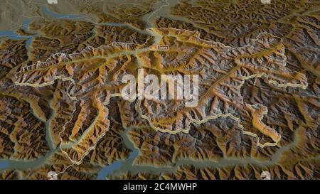 Zoom sur les Grisons (canton de Suisse) extrudés. Perspective oblique. Carte topographique des eaux de surface. Rendu 3D Banque D'Images