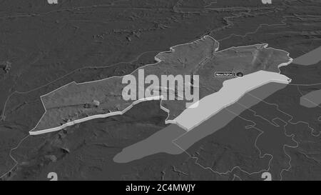 Zoom sur Neuchâtel (canton de Suisse) extrudé. Perspective oblique. Carte d'altitude à deux niveaux avec les eaux de surface. Rendu 3D Banque D'Images