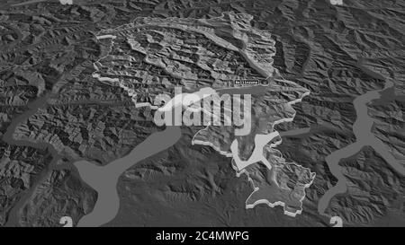 Zoom sur Tessin (canton de Suisse) extrudé. Perspective oblique. Carte d'altitude à deux niveaux avec les eaux de surface. Rendu 3D Banque D'Images