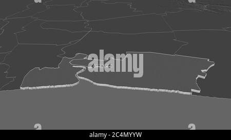 Zoom sur Samut Prakan (province de Thaïlande) extrudé. Perspective oblique. Carte d'altitude à deux niveaux avec les eaux de surface. Rendu 3D Banque D'Images
