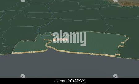 Zoom sur Samut Prakan (province de Thaïlande) extrudé. Perspective oblique. Carte topographique des eaux de surface. Rendu 3D Banque D'Images