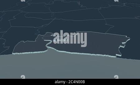 Zoom sur Samut Prakan (province de Thaïlande) extrudé. Perspective oblique. Carte colorée et bosselée de la division administrative avec l'eau de surface Banque D'Images