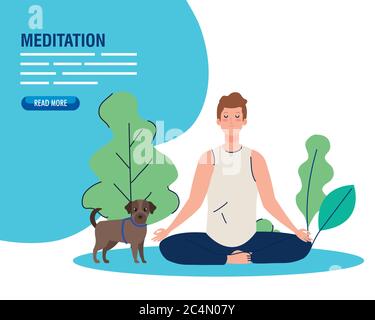 bannière de l'homme méditant, concept de yoga, méditation, détente, vie saine dans le paysage, avec mascotte de chien Illustration de Vecteur