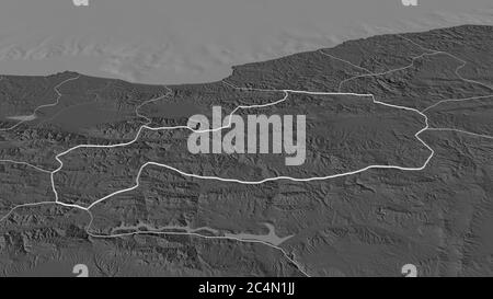 Zoom avant sur Bolu (province de Turquie). Perspective oblique. Carte d'altitude à deux niveaux avec les eaux de surface. Rendu 3D Banque D'Images