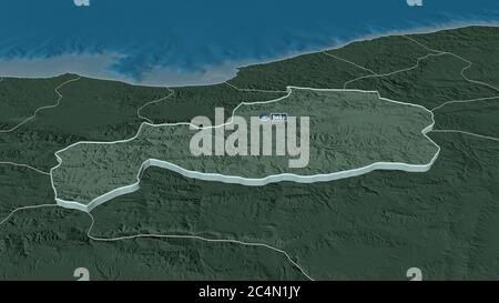 Zoom avant sur Bolu (province de Turquie) extrudé. Perspective oblique. Carte colorée et bosselée de la division administrative avec les eaux de surface. 3D rend Banque D'Images