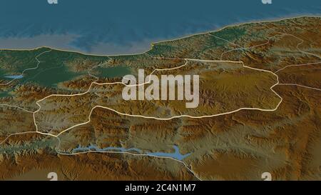 Zoom avant sur Bolu (province de Turquie). Perspective oblique. Carte topographique des eaux de surface. Rendu 3D Banque D'Images