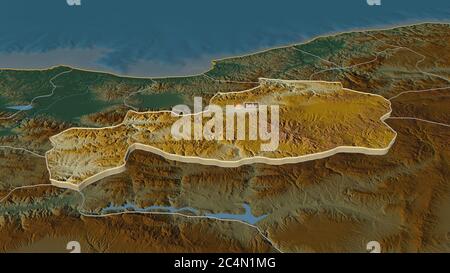 Zoom avant sur Bolu (province de Turquie) extrudé. Perspective oblique. Carte topographique des eaux de surface. Rendu 3D Banque D'Images