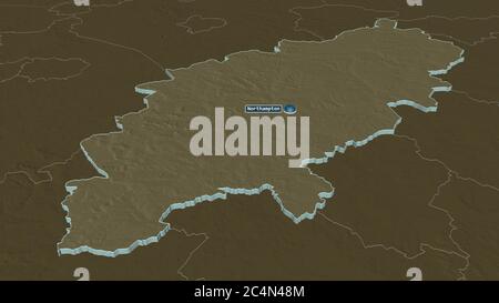 Zoom sur Northamptonshire (comté administratif d'Angleterre) extrudé. Perspective oblique. Carte colorée et bosselée de la division administrative wi Banque D'Images