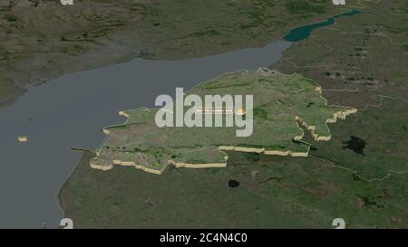 Zoom avant sur le Somerset Nord (autorité unitaire de l'Angleterre) extrudé. Perspective oblique. Imagerie satellite. Rendu 3D Banque D'Images