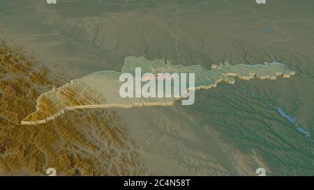Zoom avant sur Chernivtsi (région de l'Ukraine) extrudé. Perspective oblique. Carte topographique des eaux de surface. Rendu 3D Banque D'Images