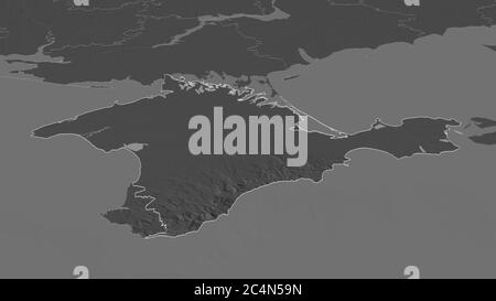 Zoom avant sur la Crimée (République autonome d'Ukraine). Perspective oblique. Carte d'altitude à deux niveaux avec les eaux de surface. Rendu 3D Banque D'Images