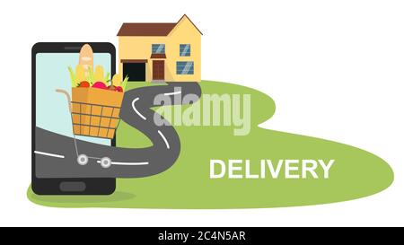 Chariot de supermarché sur le chemin de smartphone à la maison Illustration de Vecteur