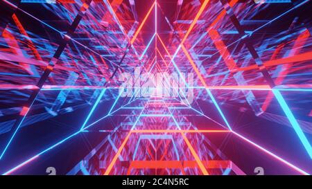 Arrière-plan abstrait de rendu 3D avec lumières laser orange, violette et bleue Banque D'Images