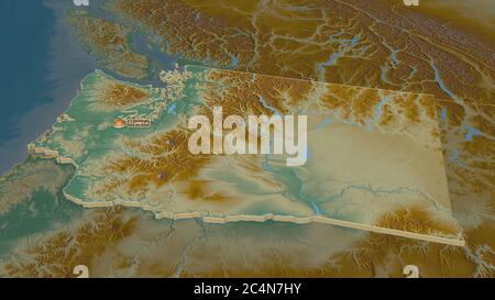 Zoom avant sur Washington (État des États-Unis) extrudé. Perspective oblique. Carte topographique des eaux de surface. Rendu 3D Banque D'Images