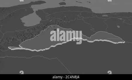 Zoom avant sur Barinas (état du Venezuela) extrudé. Perspective oblique. Carte d'altitude à deux niveaux avec les eaux de surface. Rendu 3D Banque D'Images
