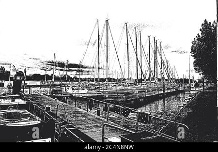 Port avec voiliers et yachts amarrés dans le port. Paysage marin. Illustration de Vecteur