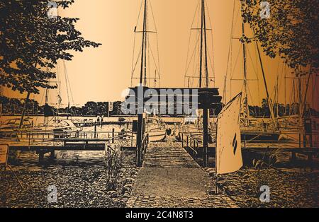 Port avec voiliers et yachts amarrés dans le port. Paysage marin. Illustration de Vecteur