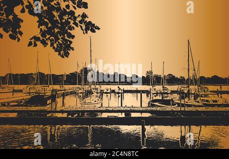 Port avec voiliers et yachts amarrés dans le port. Paysage marin. Illustration de Vecteur