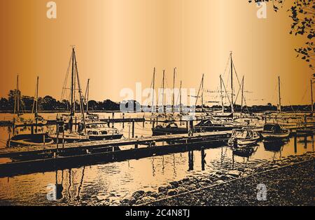 Port avec voiliers et yachts amarrés dans le port. Paysage marin. Illustration de Vecteur