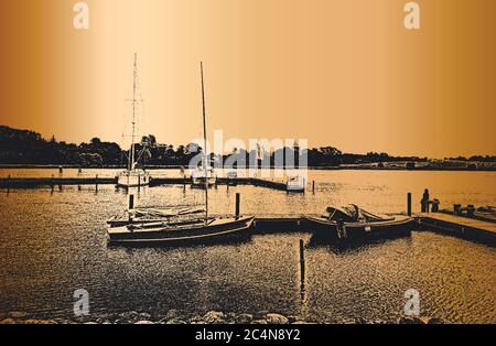 Port avec voiliers et yachts amarrés dans le port. Paysage marin. Illustration de Vecteur