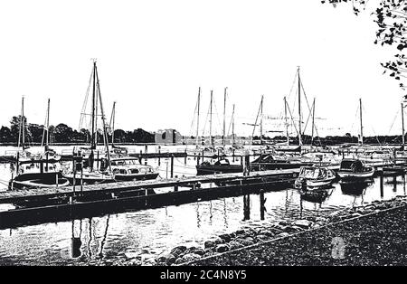 Port avec voiliers et yachts amarrés dans le port. Paysage marin. Illustration de Vecteur