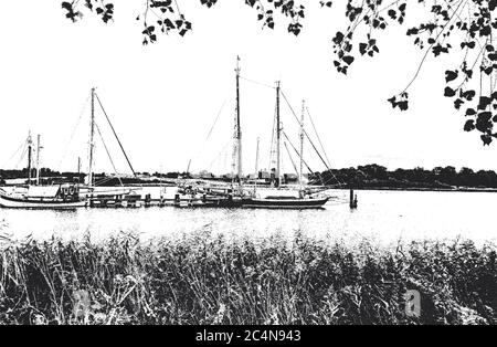 Port avec voiliers et yachts amarrés dans le port. Paysage marin. Illustration de Vecteur