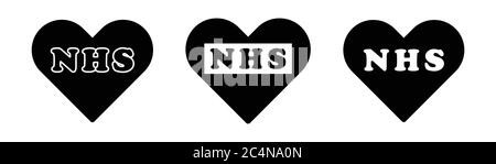 Mot NHS lettrage de texte en forme d'amour de coeur. Royaume-Uni National Health Service Healthcare. Icône noire Illustration isolée sur un Backgro blanc Illustration de Vecteur