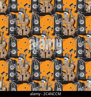 un motif sans couture d'un squelette avec des ailes dans un chapeau joue un double bass music dynamics notes sur un fond orange. Image vectorielle Illustration de Vecteur