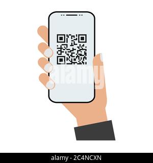 Icône plate du scanner Mobil avec une main isolée sur fond blanc. Illustration du vecteur du lecteur de code QR . Illustration de Vecteur