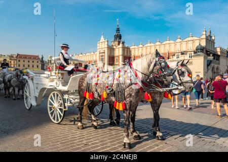 Chevaux en calèche sur la place principale de Cracovie, Pologne Banque D'Images