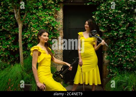 Deux belles sœurs jumelles violinistes dans des robes de concert jaunes posent avec des violons électriques à la porte historique en métal entouré de fleurs en o Banque D'Images