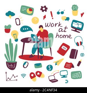 Concept de travail à domicile. L'homme travaille à domicile en quarantaine. Ensemble d'icônes maison et d'affaires Doodle dessinées à la main. Jolie collection plate sur le coronavirus, Co Illustration de Vecteur