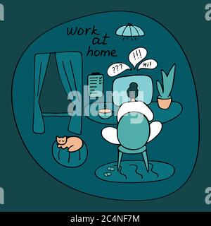 Un lieu de travail confortable à la maison. Femme travaille de la maison. Étudiant étudie en ligne. Travail à distance, études, cours. Réunion ou leçon en ligne, vidéo conférence, li Illustration de Vecteur