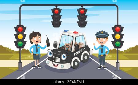 Les policiers posent avec une voiture amusante Illustration de Vecteur