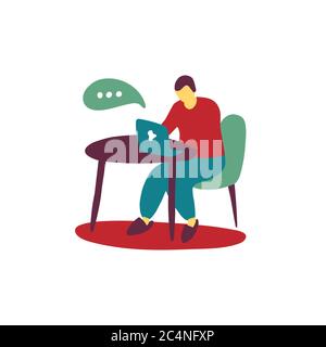 Homme assis à un ordinateur portable. Formation en ligne, travail à domicile, cours en ligne, visioconférence, réunions en ligne. Communication sur Internet, réseau social Illustration de Vecteur